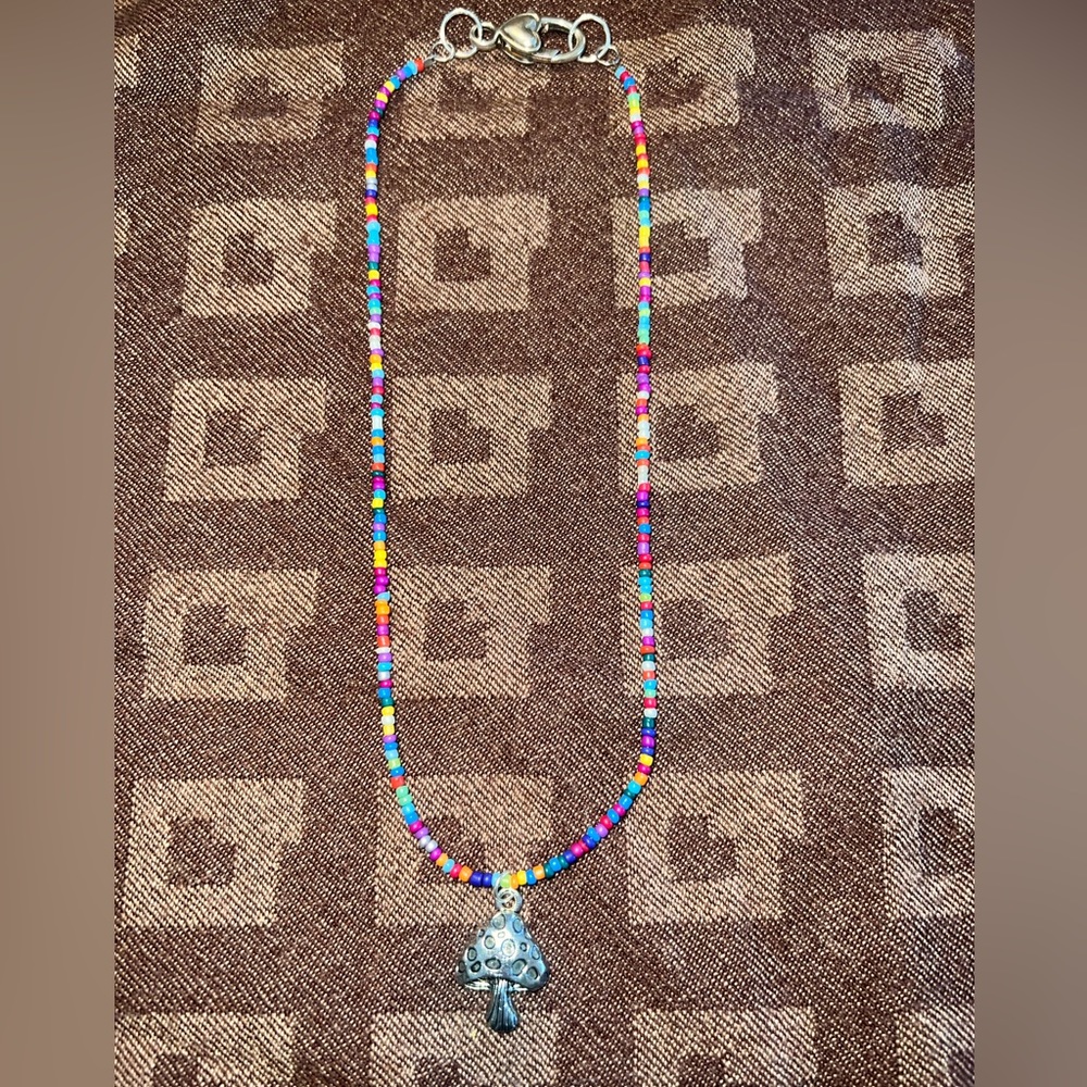 Handmade necklace, rainbow seed beads and silver mushroom